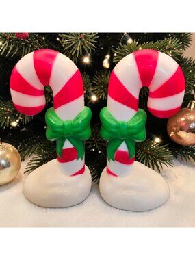 Candy Cane Blow Mold Decorations Glittered Bases Green Bows 11" Tall Set Of 2